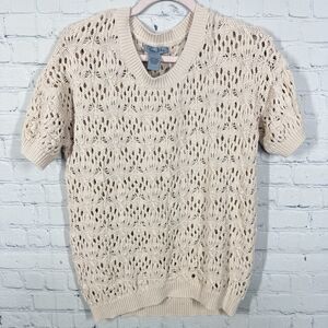 Top Knit Crochet Women Large Beige Lace Short Balloon Sleeve Cottage Romantic